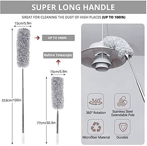 Mop-Microfiber Feather Duster Bendable & Extendable Fan Cleaning Duster with 100 inches Expandable Pole Handle Washable Duster for High Ceiling Fans