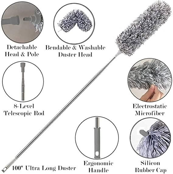 Mop-Microfiber Feather Duster Bendable & Extendable Fan Cleaning Duster with 100 inches Expandable Pole Handle Washable Duster for High Ceiling Fans