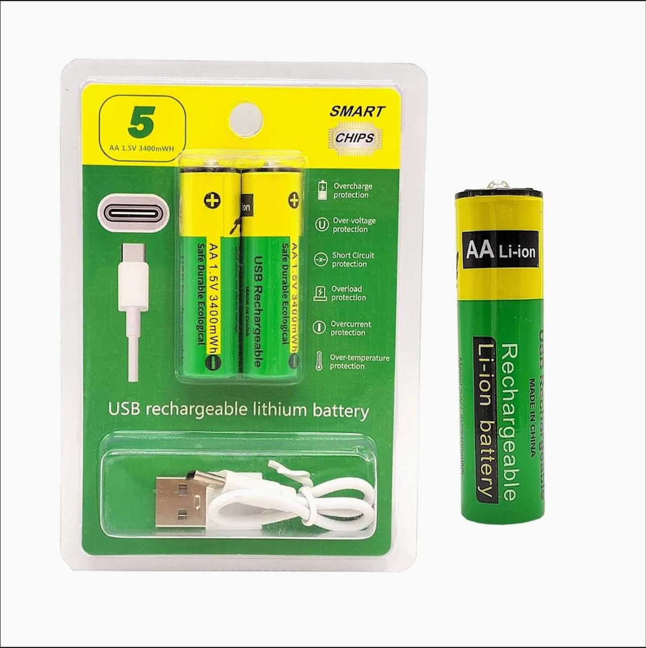 Type C Rechargeable Batteries 800 mWh 2 Pcs AAA & 2 Pcs AA Total ( 4 Pcs Set )
