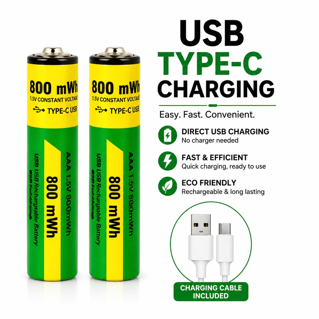 Type C Rechargeable Batteries 800 mWh 2 Pcs AAA & 2 Pcs AA Total ( 4 Pcs Set )