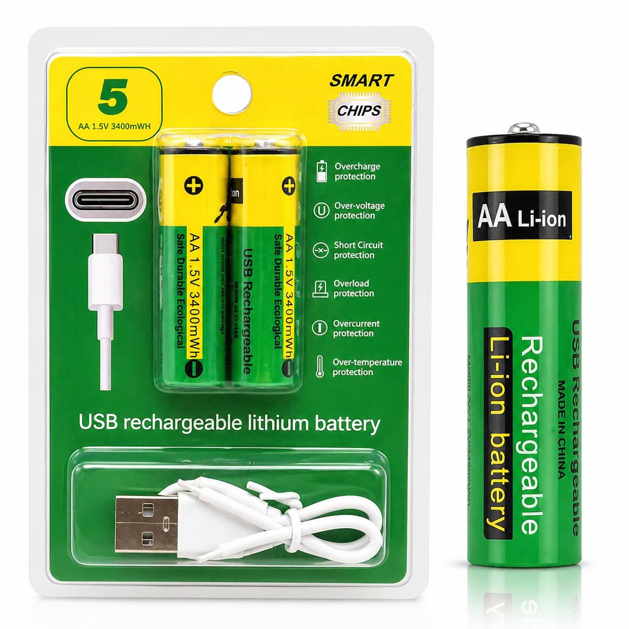 Type C Rechargeable Batteries 800 mWh 2 Pcs AAA & 2 Pcs AA Total ( 4 Pcs Set )