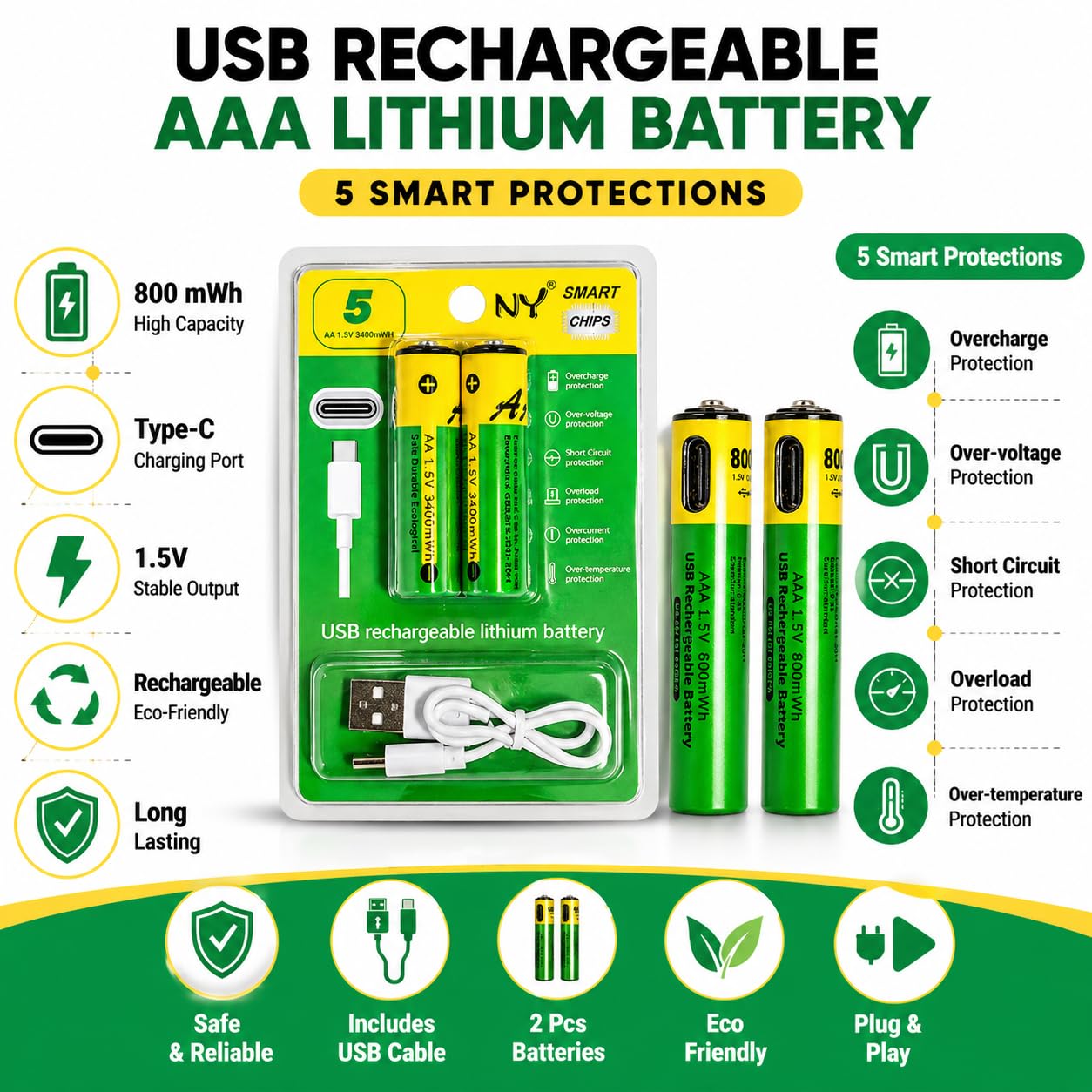 Type C Rechargeable Batteries 800 mWh 2 Pcs AAA & 2 Pcs AA Total ( 4 Pcs Set )