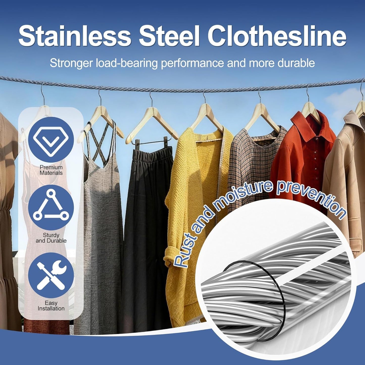 Portable Stainless Steel Clothesline Rope with Hooks (Buy 1 Get 1 Free)