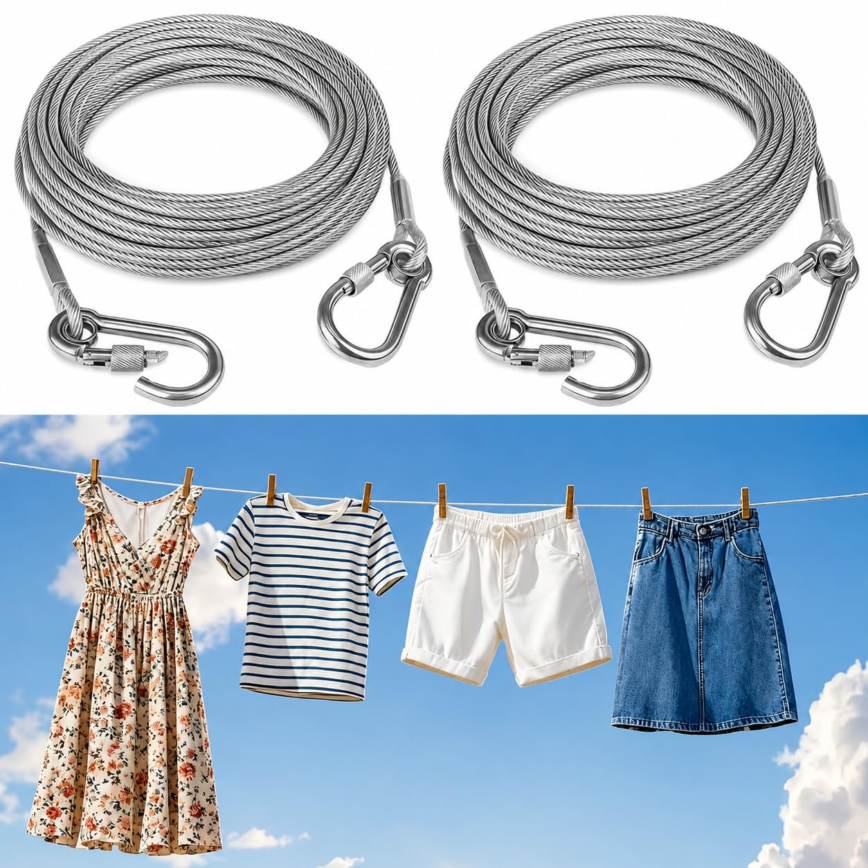 Portable Stainless Steel Clothesline Rope with Hooks (Buy 1 Get 1 Free)