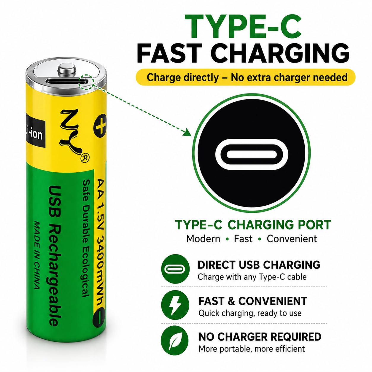 Type C Rechargeable Batteries 800 mWh 2 Pcs AAA & 2 Pcs AA Total ( 4 Pcs Set )